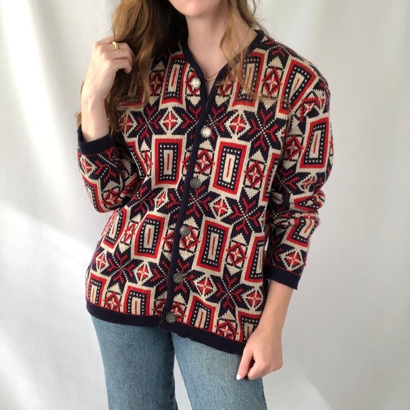Vintage Norvyk Fair Isle Nordic Knit 100% Pure Wool Oversized Cardigan Sweater - Picture 13 of 15